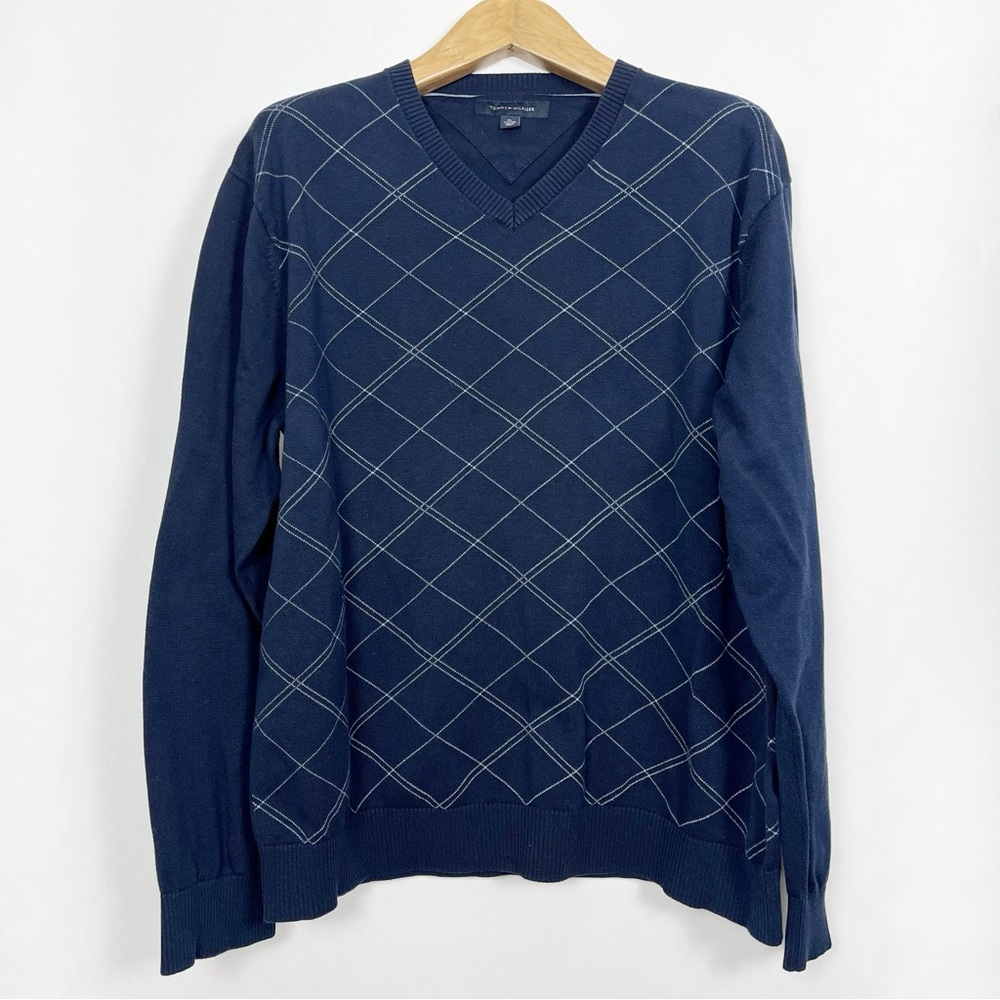 Tommy Hilfiger Men’s Navy Cotton Argyle Pattern V-Neck‎ Sweater Size XL